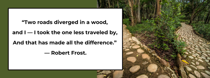 Quote from Robert Frost and woodland road