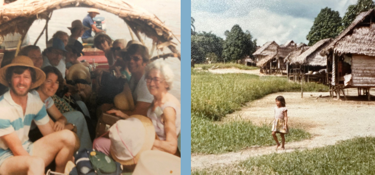 Side by side photos of a group in a boat and a small girl standing in a field