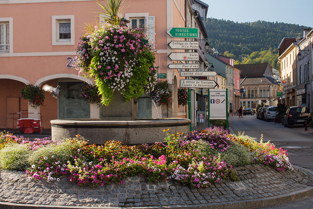 a town square with fountain and flowers